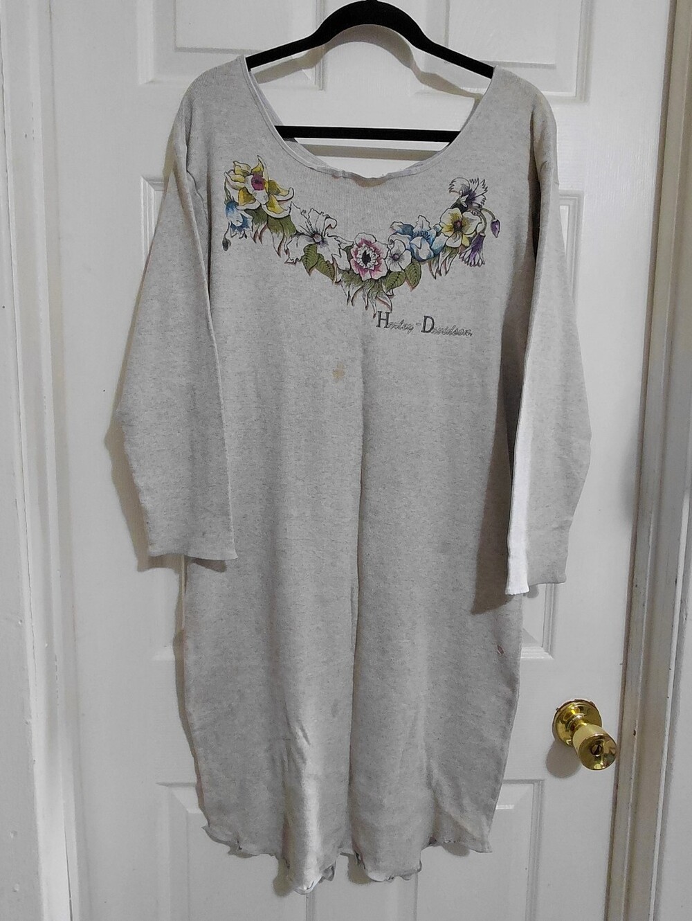Vintage 90s Rockford, IL Harley-Davidson L/S Floral Gray Night Gown Made In USA
